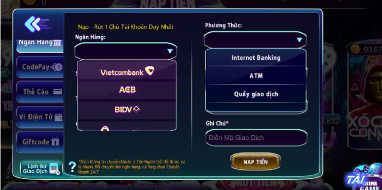 Thực hiện thao tác nạp tiền để trải nghiệm trọn vẹn các sảnh chơi game.